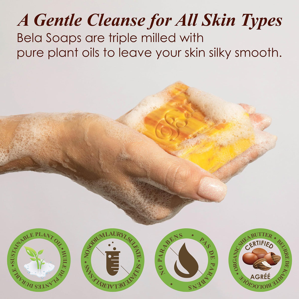 BELA soap in hand demonstrating rich foam and gentle cleansing benefit