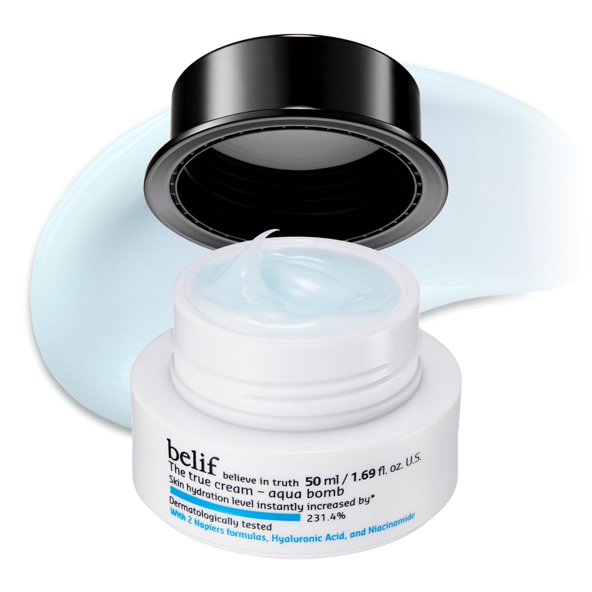 belif front jar showing Aqua Bomb moisturizer, quick hydration benefit