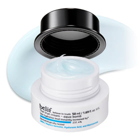belif front jar showing Aqua Bomb moisturizer, quick hydration benefit