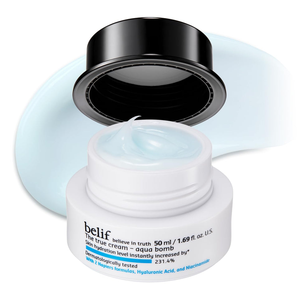 belif front jar showing Aqua Bomb moisturizer, quick hydration benefit