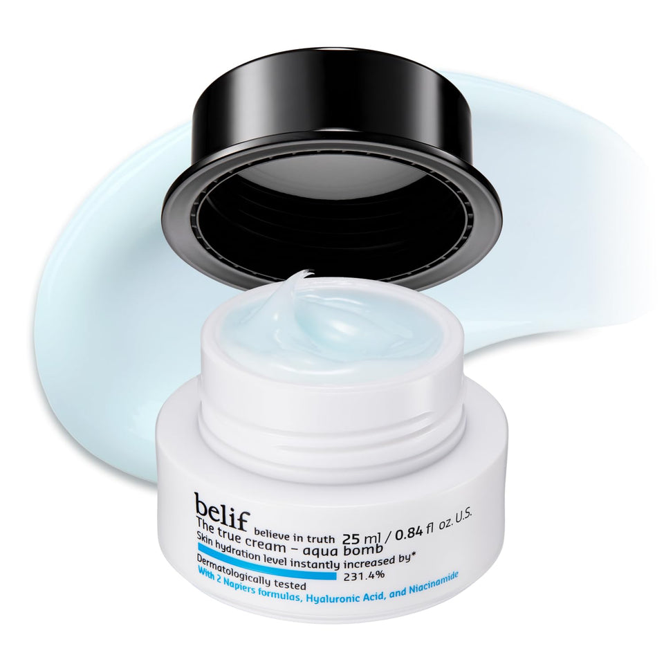 belif front jar showing Aqua Bomb moisturizer and brand hydration promise
