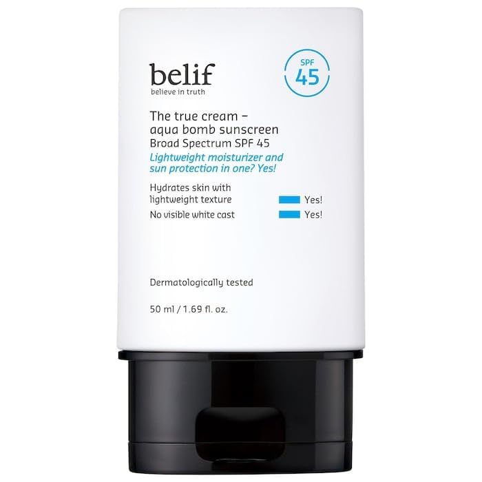belif front packaging of Aqua Bomb SPF 45 showing compact tube and brand for easy storage