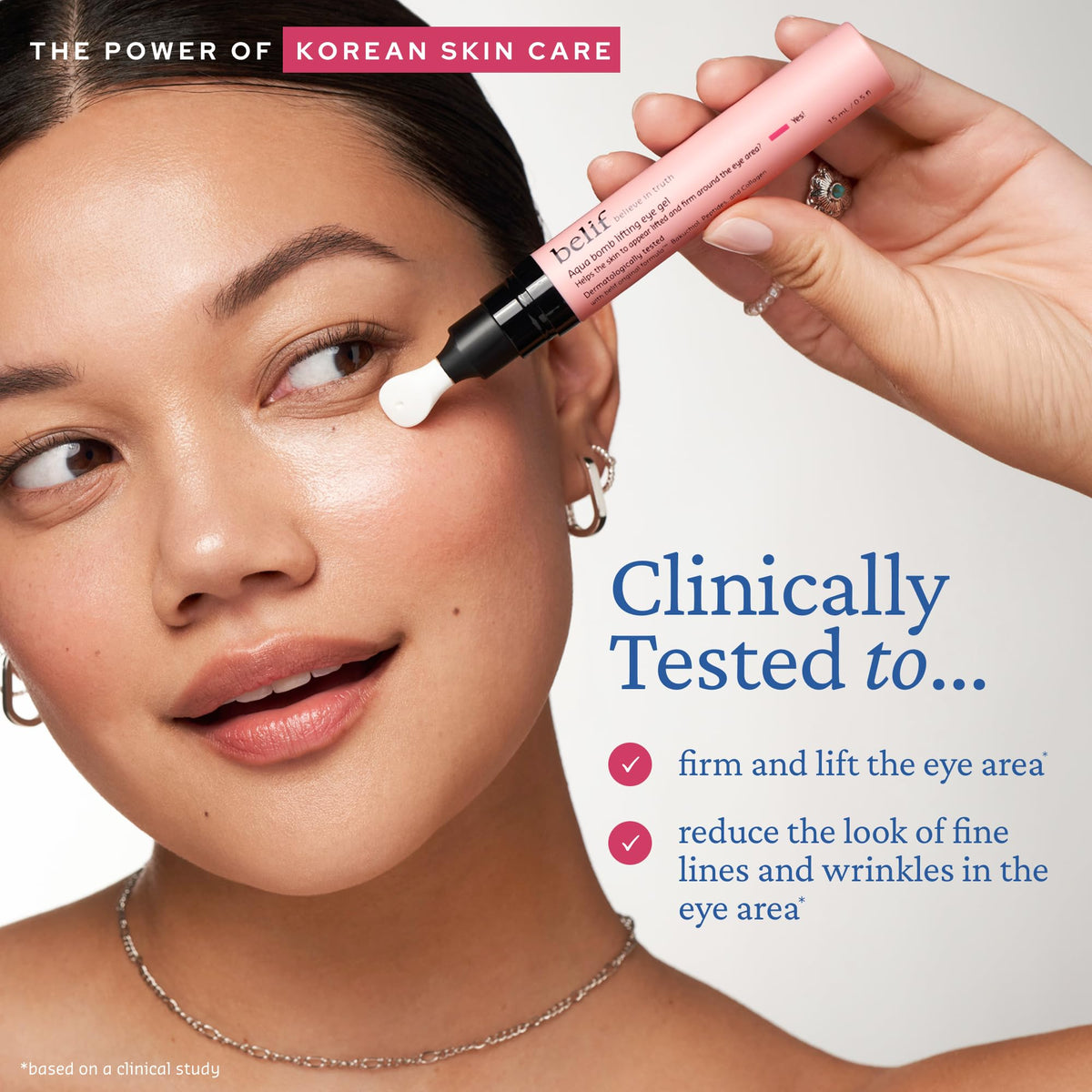 belif applying serum along orbital bone to reduce puffiness quickly
