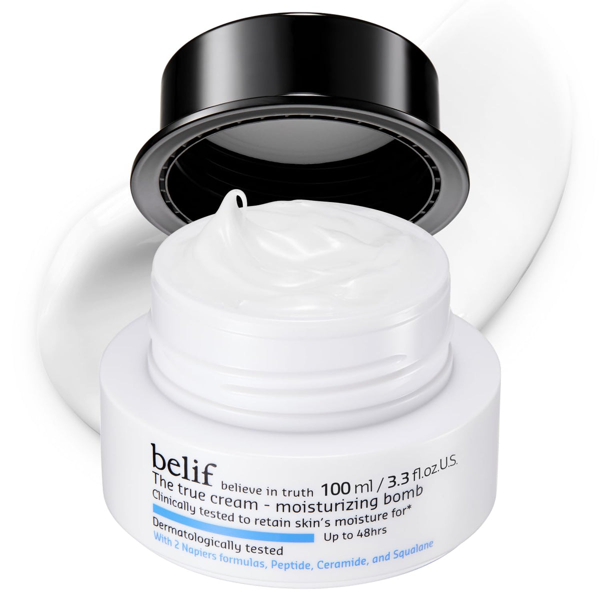 belif jar front view showing moisturizer packaging and brand hydration benefits