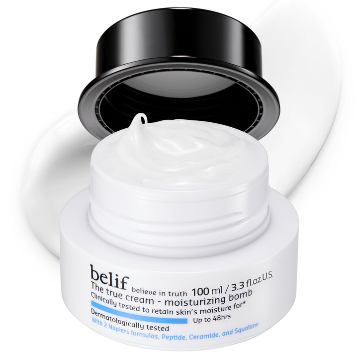 belif jar front view showing moisturizer packaging and brand hydration benefits