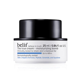 belif jar front view showing label and compact packaging benefit: clear product identity