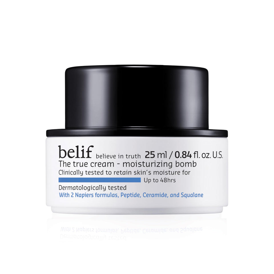 belif jar front view showing label and compact packaging benefit: clear product identity