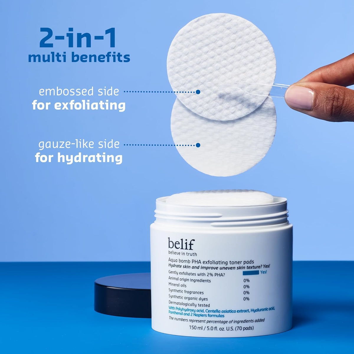 belif pad being applied to cheek demonstrating soothing pore refinement