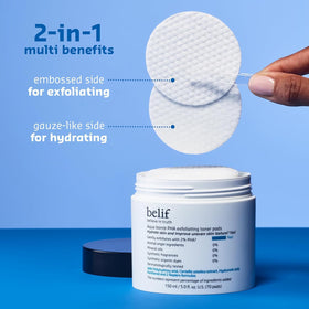 belif pad being applied to cheek demonstrating soothing pore refinement