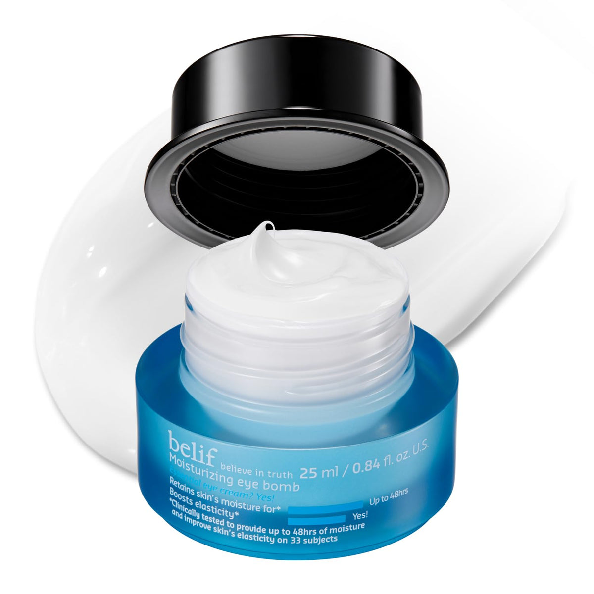 belif Peptide Eye Bomb front jar showing packaging and easy dispensing benefit