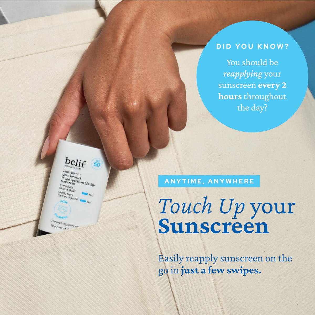 belif sunstick placed inside travel bag for on-the-go sun protection