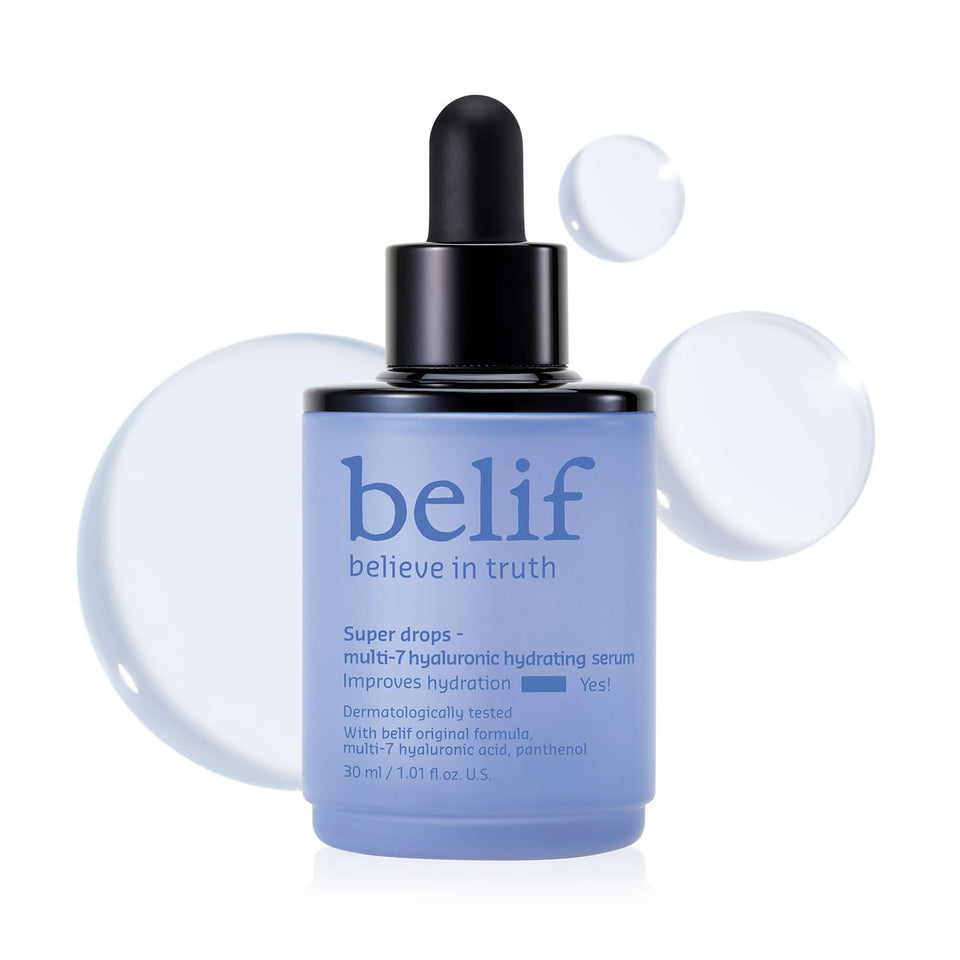 belif front bottle shot showing sleek serum packaging and hydration benefit
