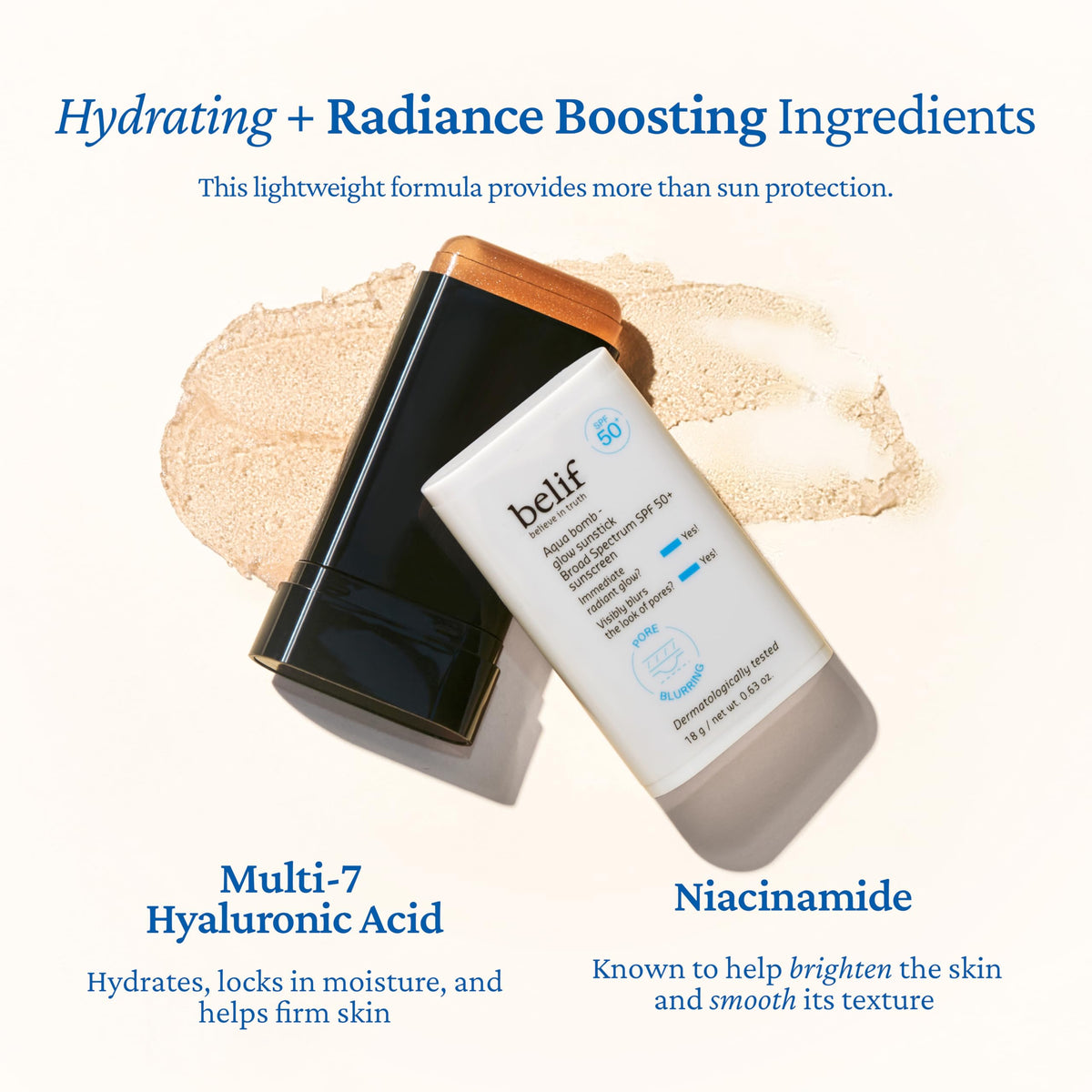 belif texture swatch on skin showing clear, non-whitening hydrating finish