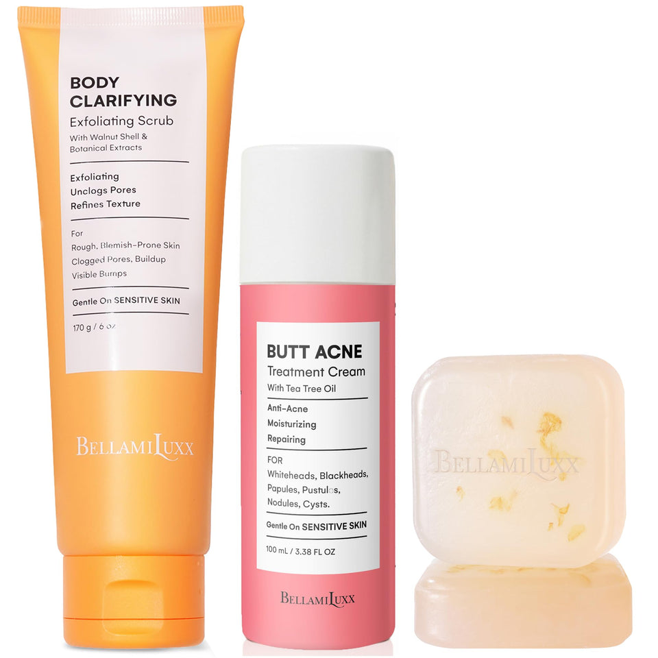 BellamiLuxx front packaging showing the full butt acne treatment set benefits