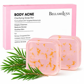 BellamiLuxx front packaging showing acne soap bar and benefits