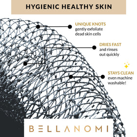 Bellanomi back scrubber in use reaching shoulders to provide effortless self-scrubbing