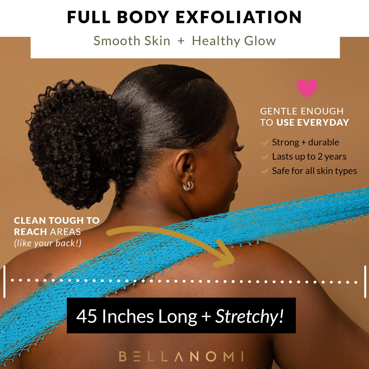 Bellanomi back scrubber in use on shoulder demonstrating easy reach benefit