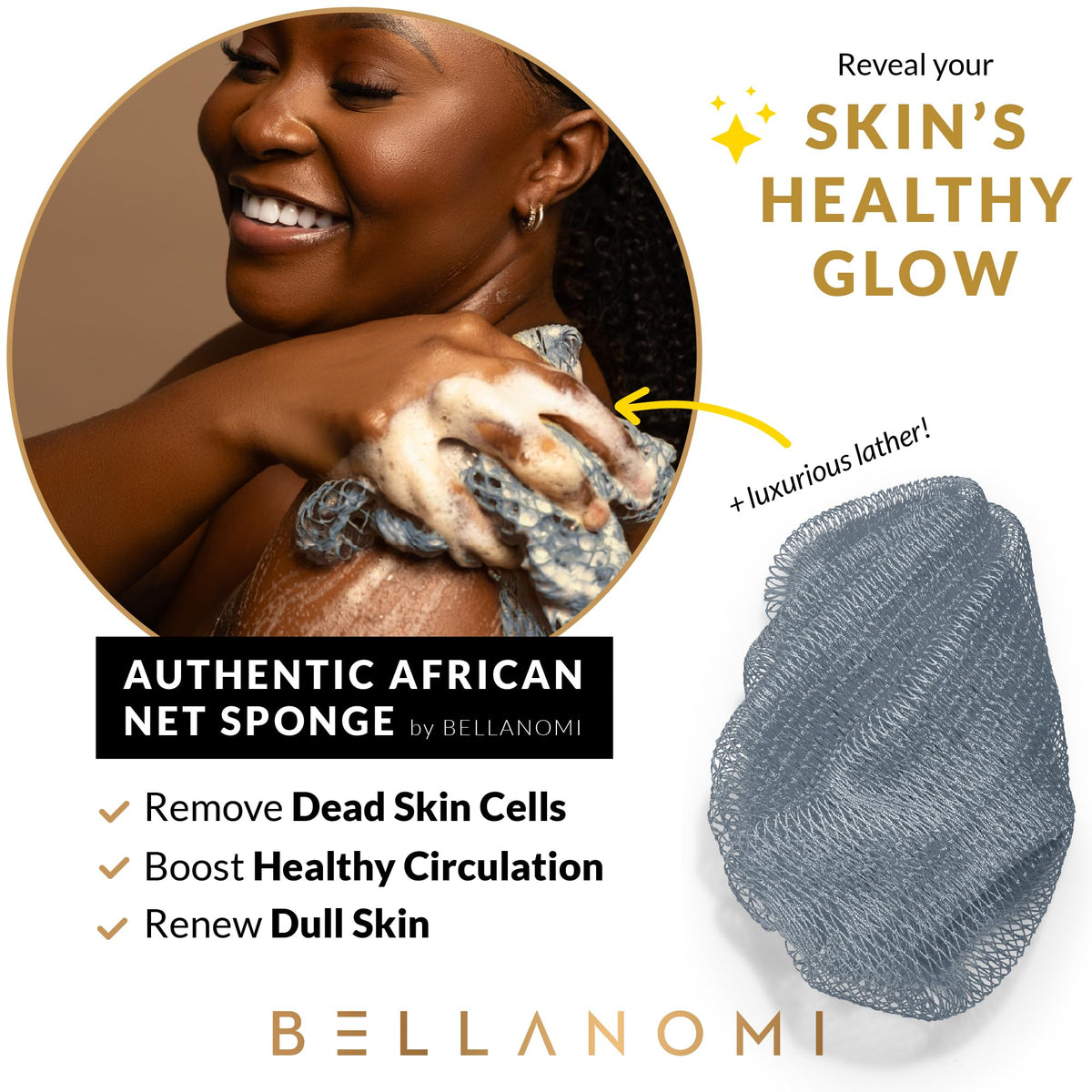 Bellanomi close-up of double-knotted mesh texture that delivers controlled exfoliation