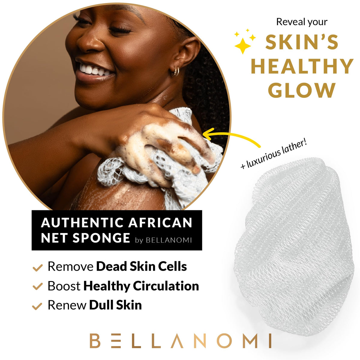 Bellanomi close-up of double-knotted mesh texture highlights gentle exfoliation