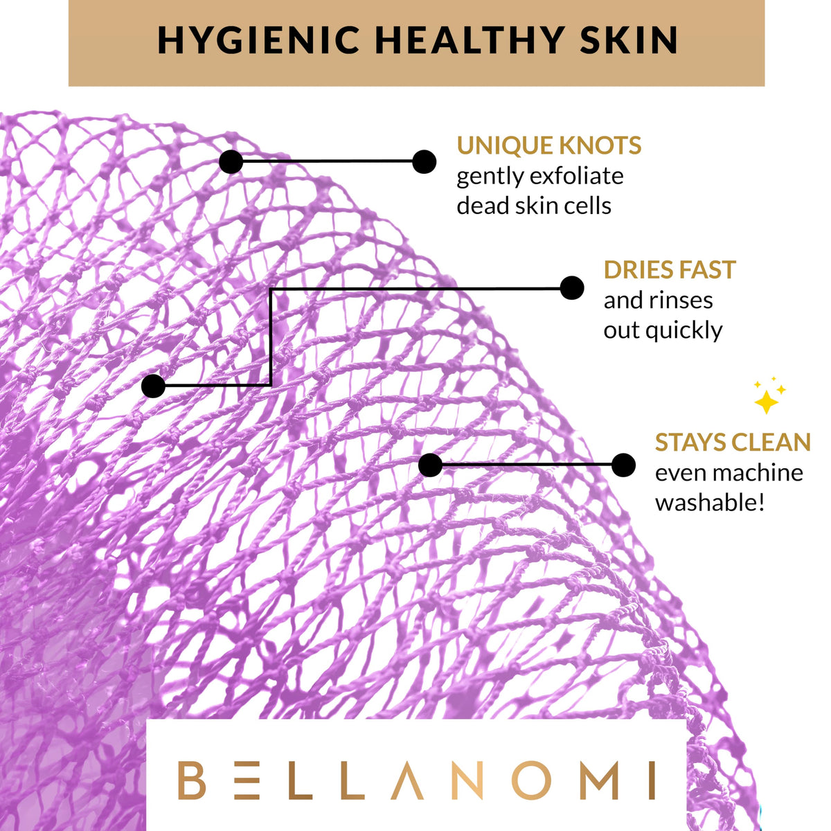 Bellanomi close-up of double-knotted mesh revealing gentle exfoliation benefit