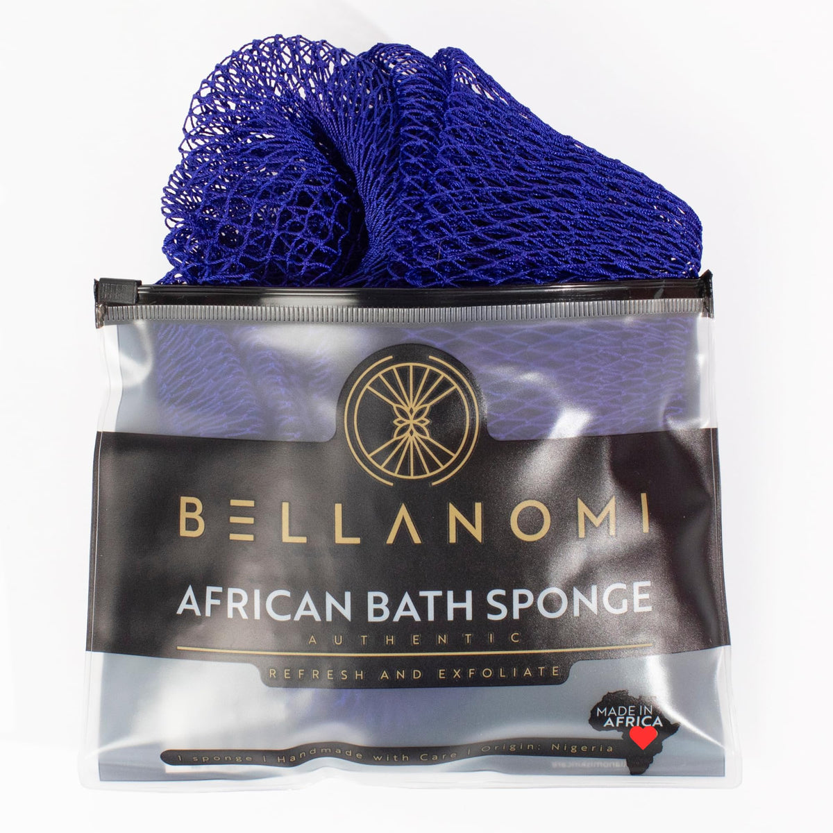 Bellanomi navy front view showing full 45-inch back scrubber and benefits