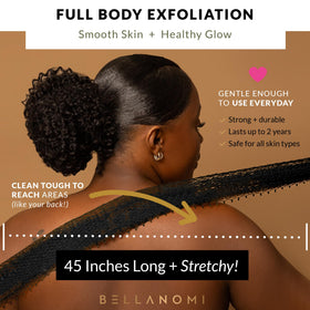 Bellanomi in-use shower scene demonstrating back scrubbing for smoother skin benefit
