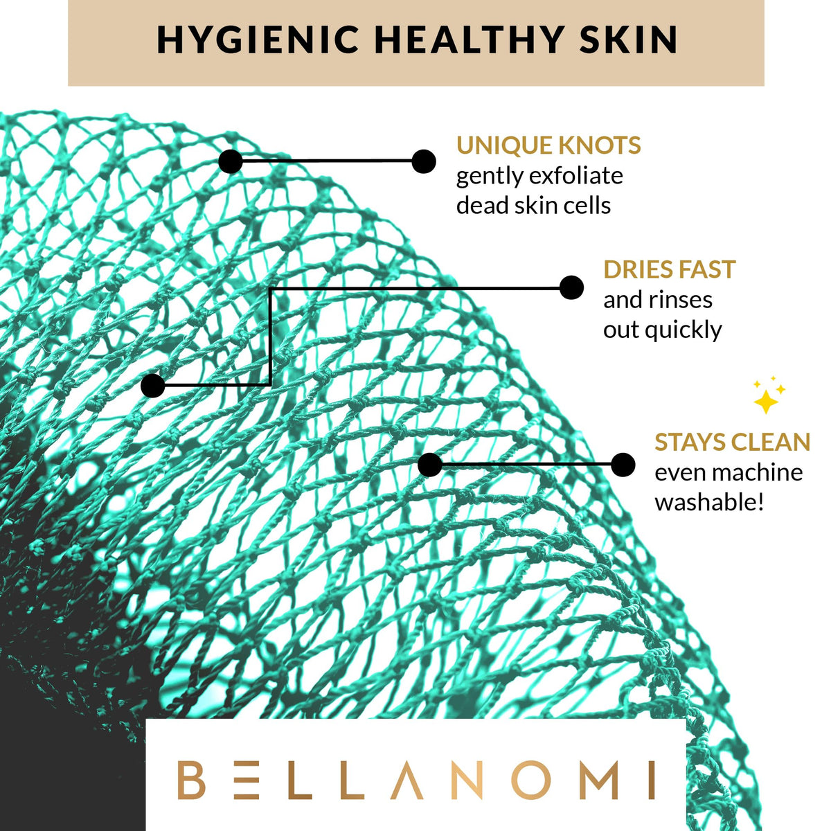 Bellanomi close-up of double-knotted mesh texture for effective exfoliation