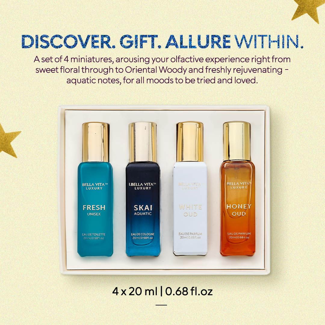 Three Bellavita bottles styled in a lifestyle scene for gifting and everyday wear benefit: versatile trio