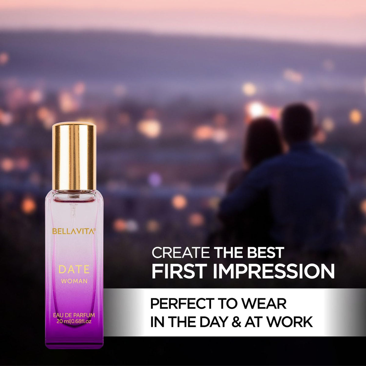 BellaVita Luxury DATE 20 ml next to a smartphone showing compact travel size