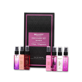 Bella Vita front packaging showing seven mini perfumes and elegant gift box, easy gifting