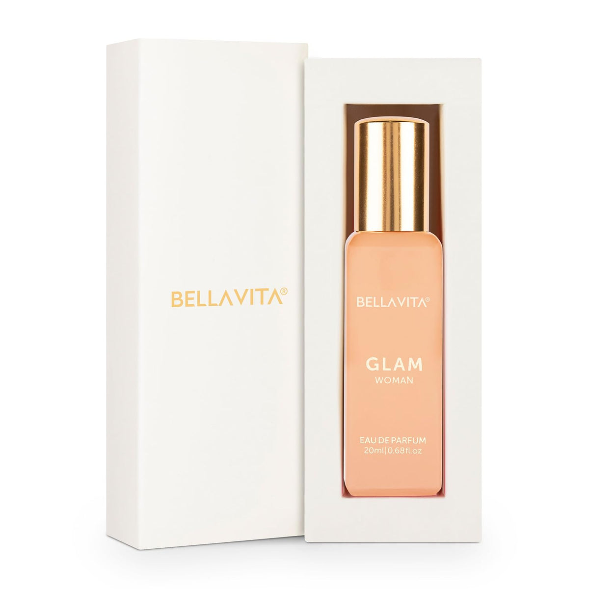 Bellavita GLAM next to credit card showing 20 ml compact size and travel convenience