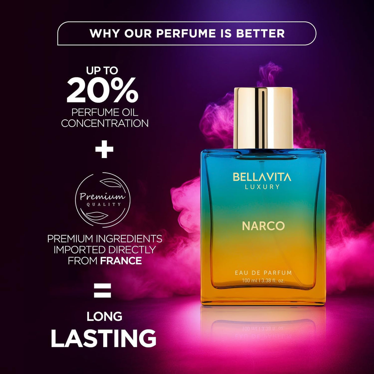 Bellavita bottle held in hand to show 100 ml scale and travel-friendly convenience