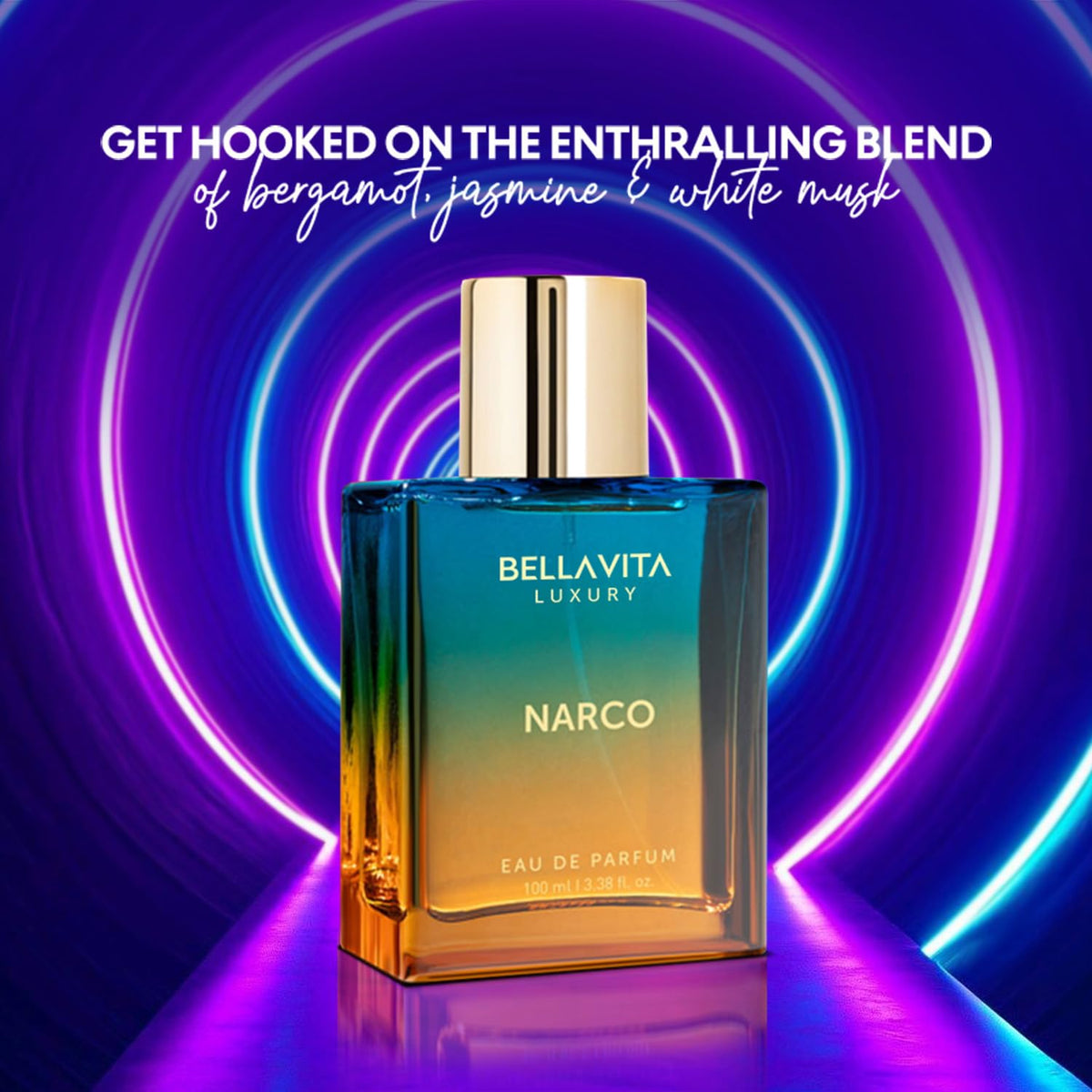 Artistic layout of bergamot, jasmine, white musk notes illustrating Bellavita scent structure