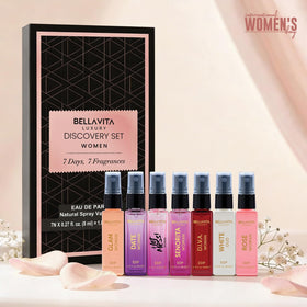 Bella Vita lined vials displayed neatly, clear view of all seven scent names and variety