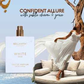Bellavita Luxury White Oud close up of label detailing brand and fragrance name
