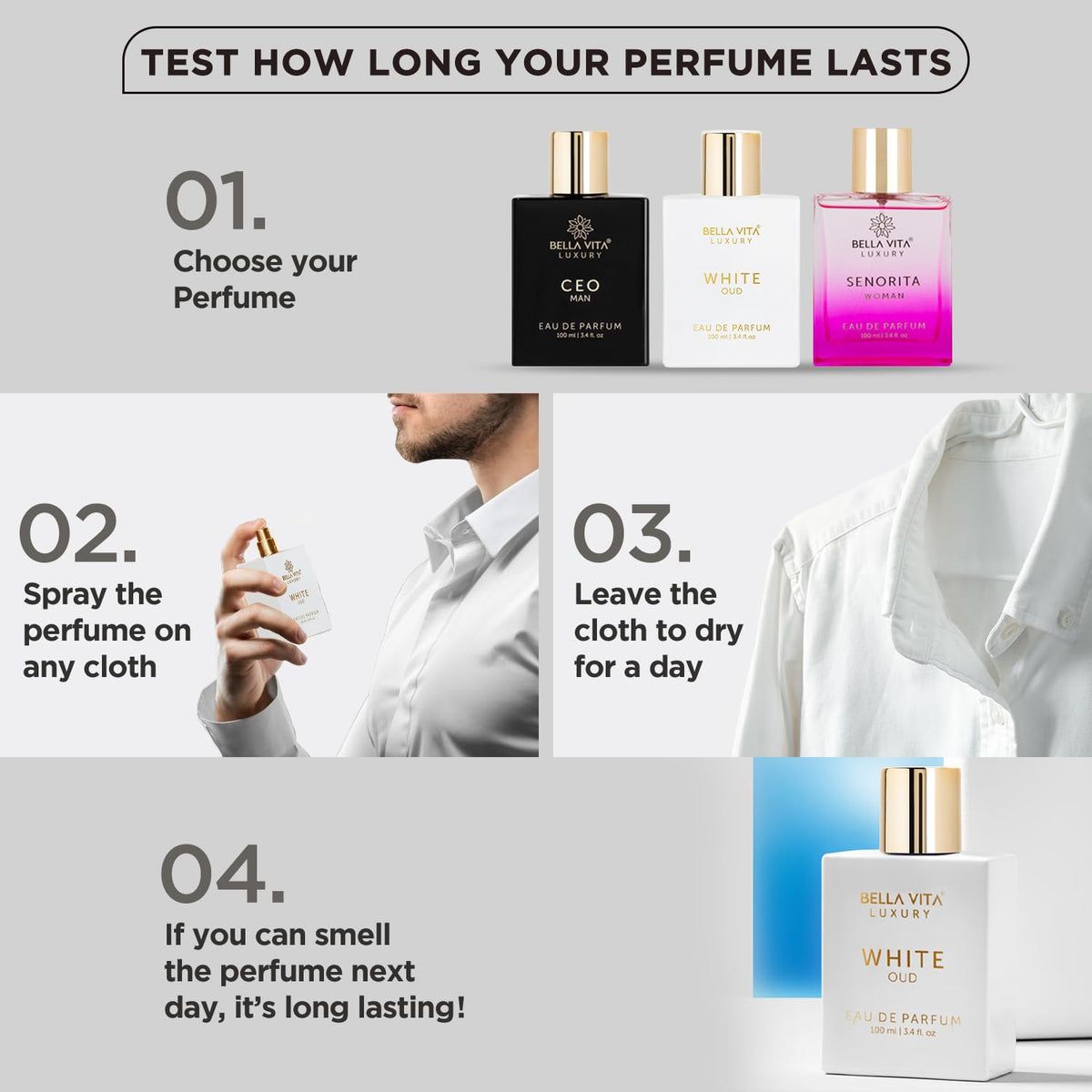 Bellavita Luxury White Oud worn in evening setting suggesting warm long-lasting trail