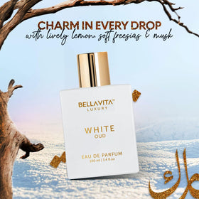 Bellavita Luxury White Oud side profile emphasizing bottle silhouette and finish