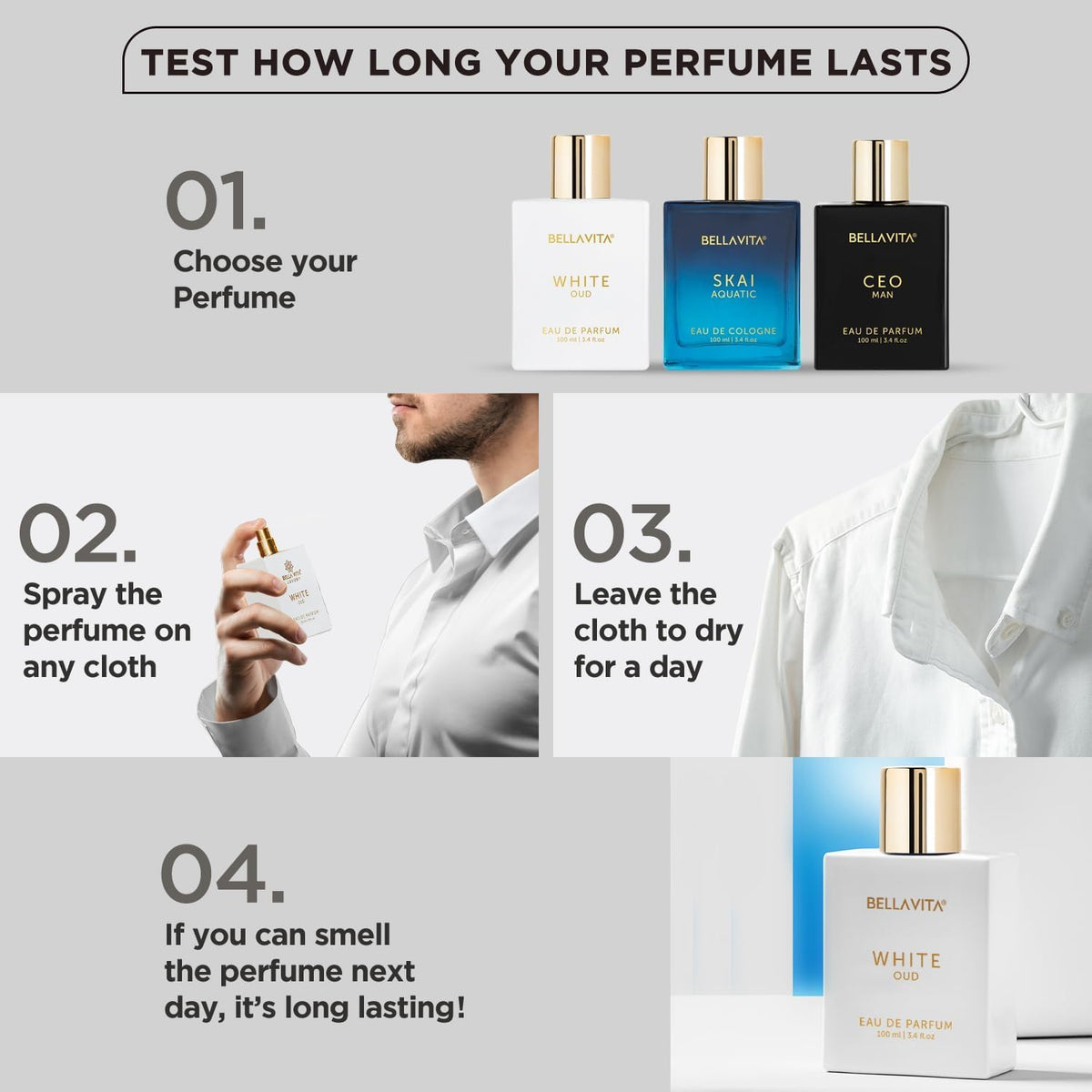 Bellavita Luxury White Oud beside a ruler showing the 100 ml size and scale