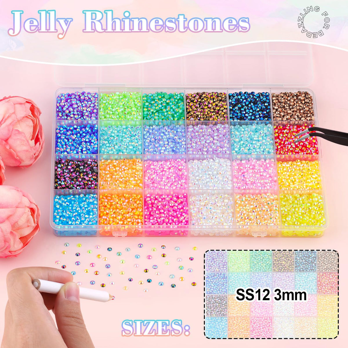 BELLEBOOST 24 color grid layout with 3mm stones offering wide color options for designs
