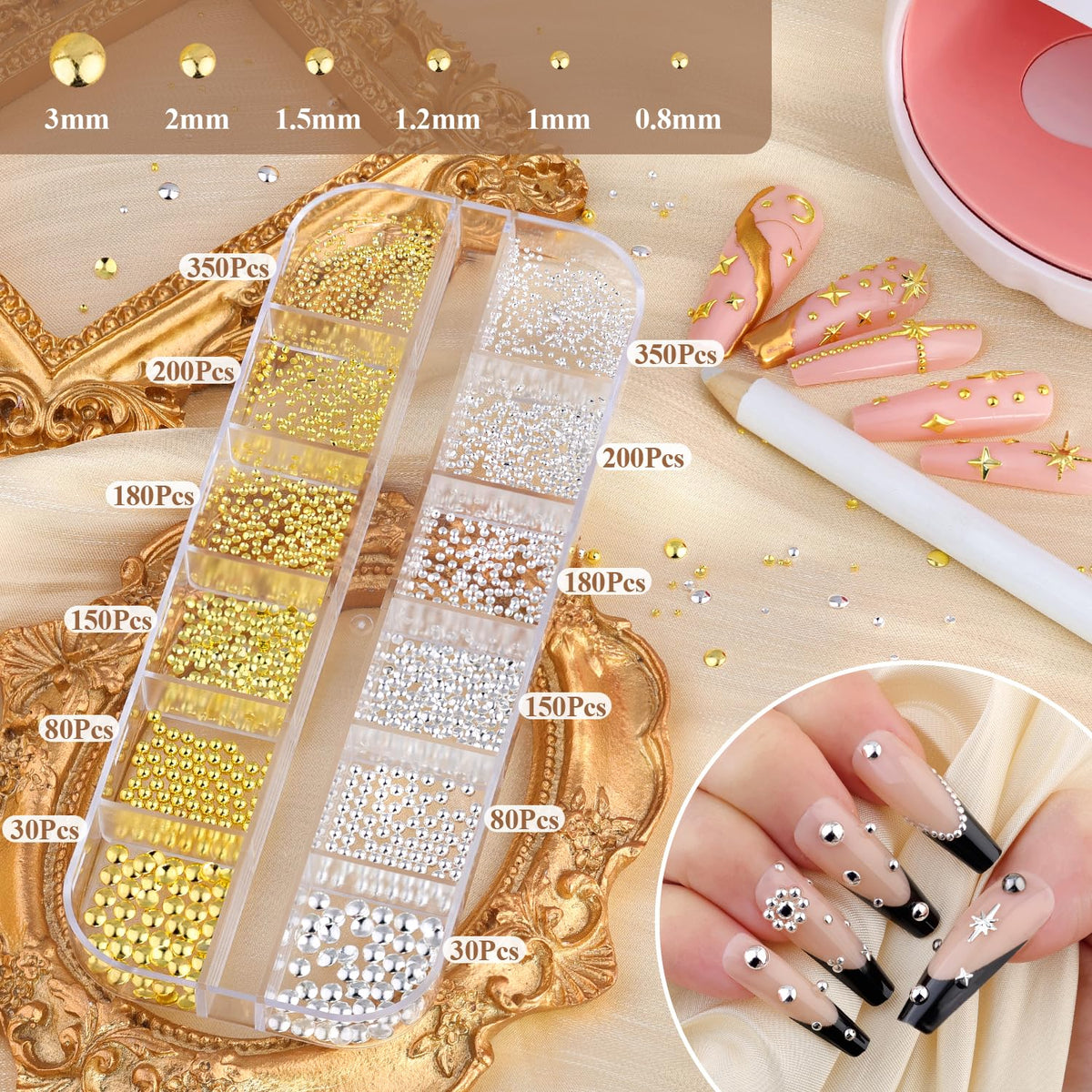 BELLEBOOST sorted caviar beads by size in gold and silver for precise design choices
