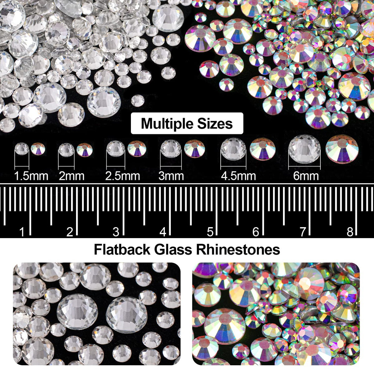 BELLEBOOST clear and AB crystal gems arranged by size demonstrating variety