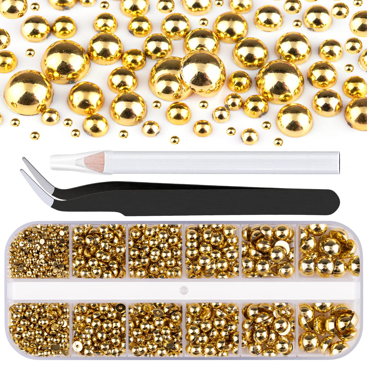 BELLEBOOST front box view showing organized gold pearls and lids, easy storage benefit