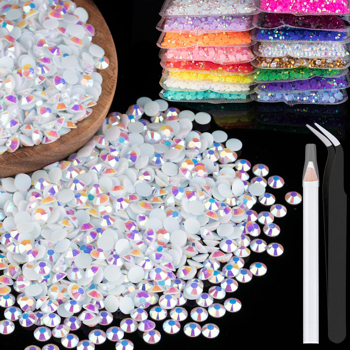 BELLEBOOST front packaging of 5000pcs 3mm white AB rhinestones showing included tools and quantity