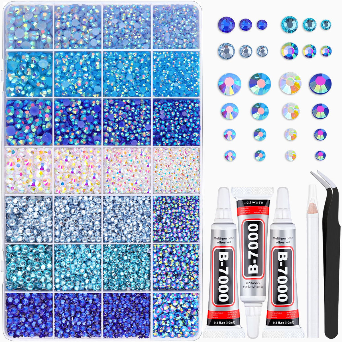 BELLEBOOST front packaging showing 28-grid box and 20000 rhinestones for organized storage