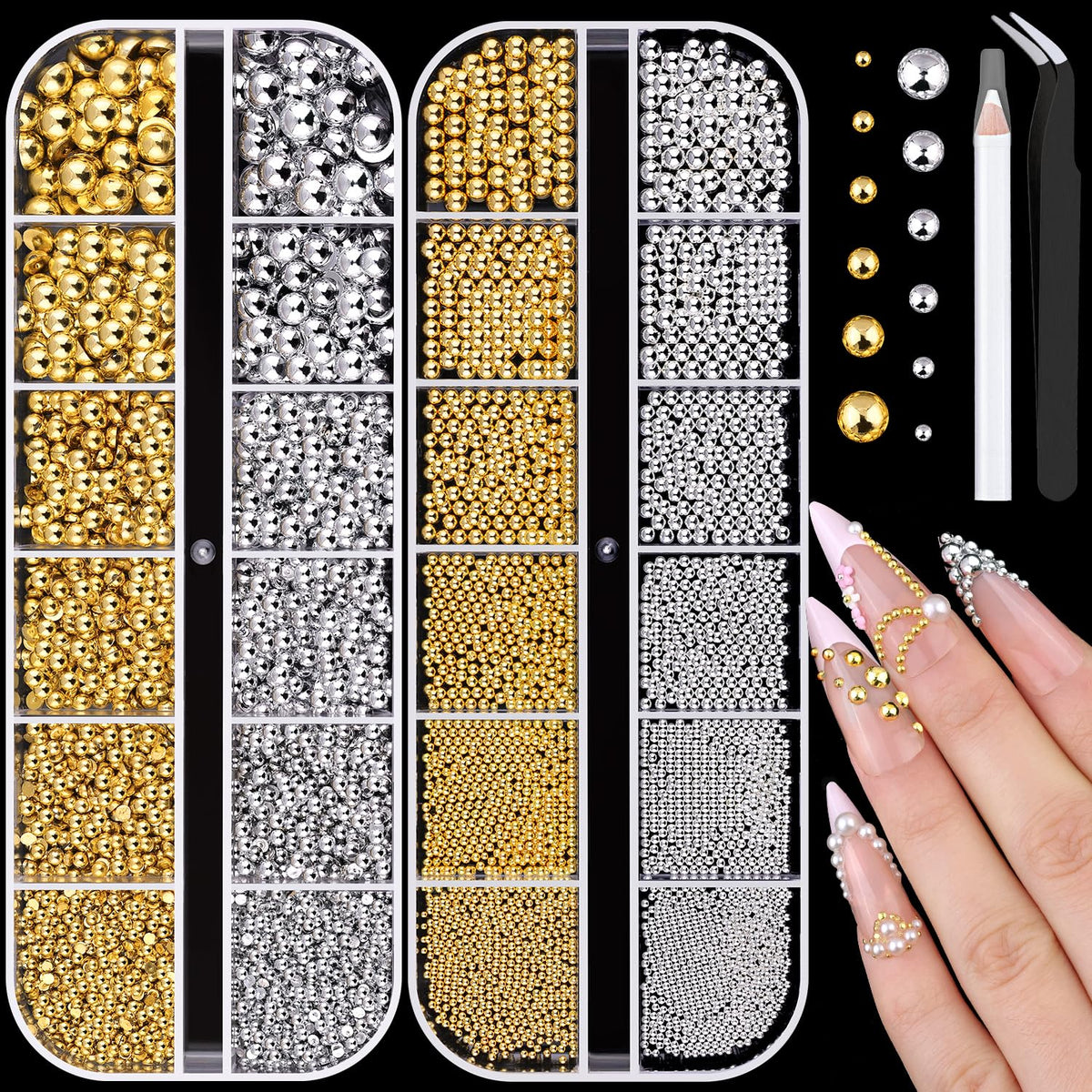 BELLEBOOST front packaging showing mixed silver and gold nail beads, convenient kit