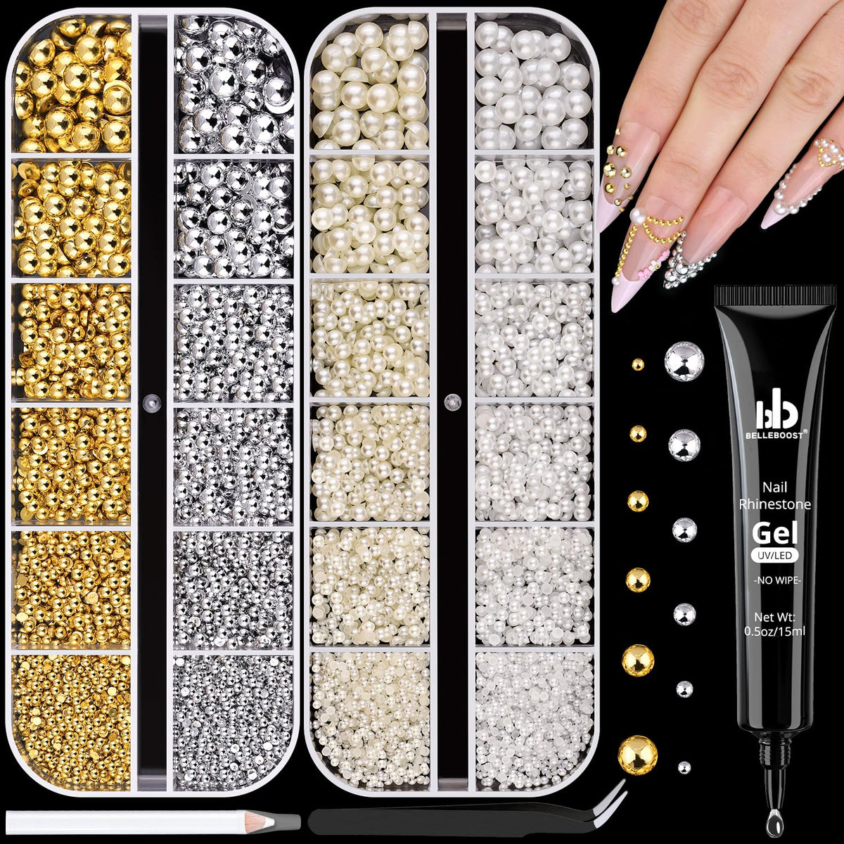 BELLEBOOST front packaging showing pearl colors and sizes, clear organized storage