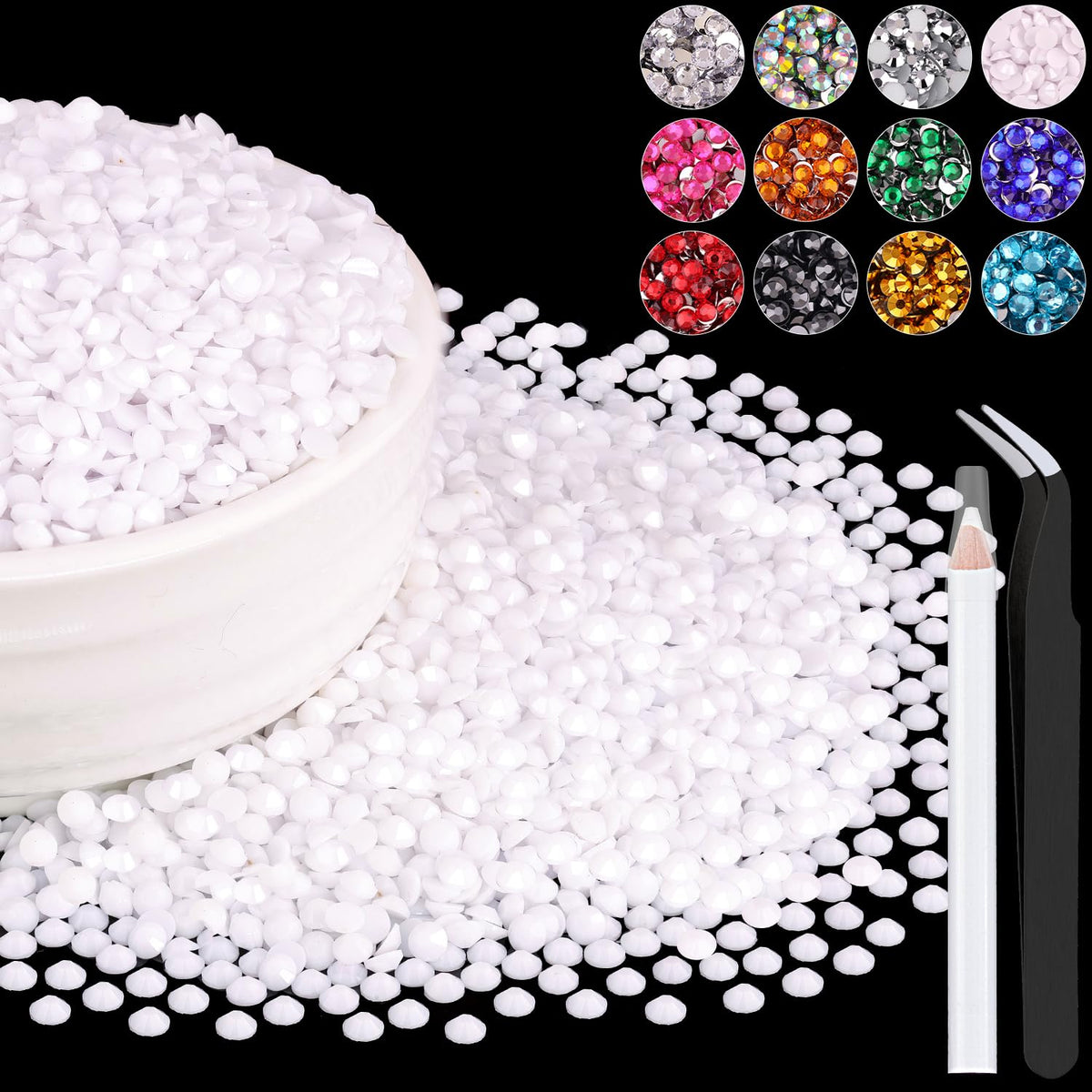 BELLEBOOST front packaging showing 8000pcs white rhinestones and included tools for quick crafting