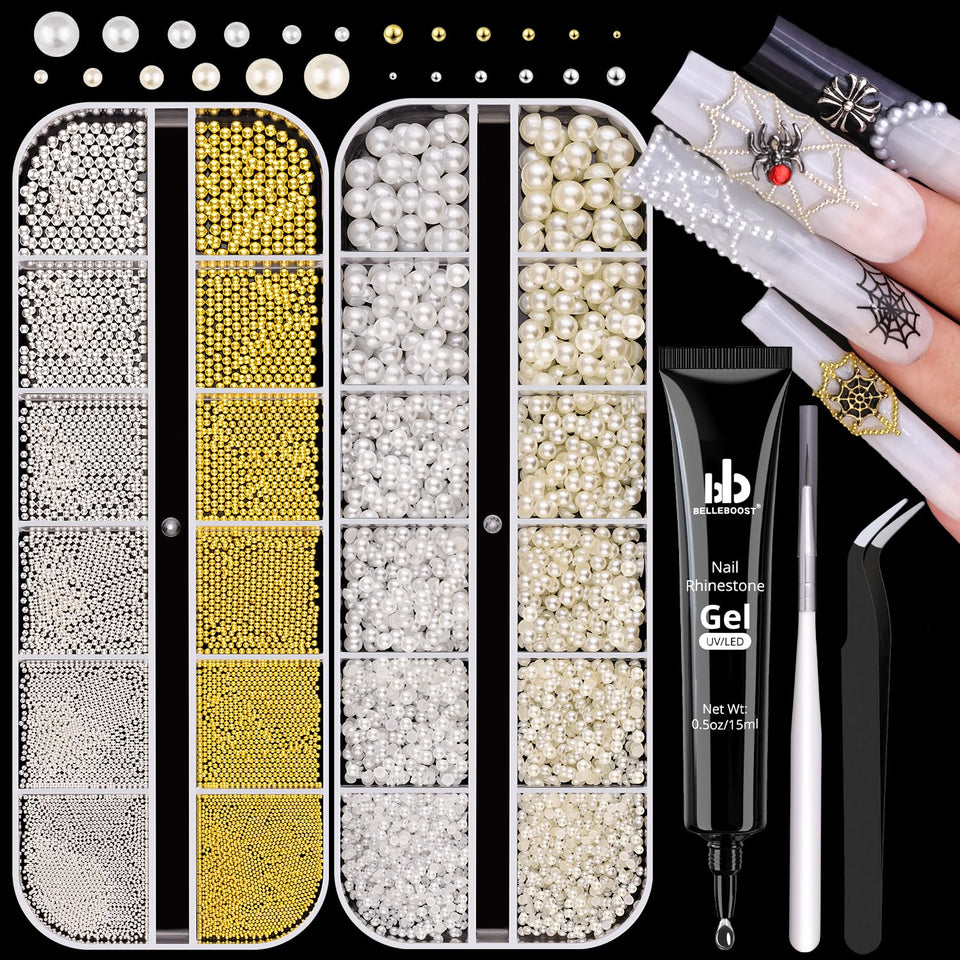 BELLEBOOST front packaging showing pearl and bead kit for versatile nail designs