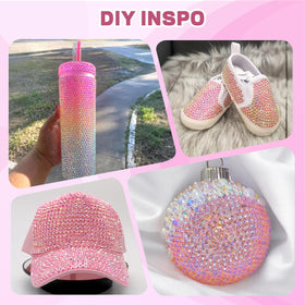 BELLEBOOST pink gems adhered to a tumbler for durable decorative shine