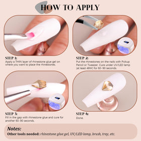 BELLEBOOST styled manicure in use demonstrating nails enhanced by champagne gems